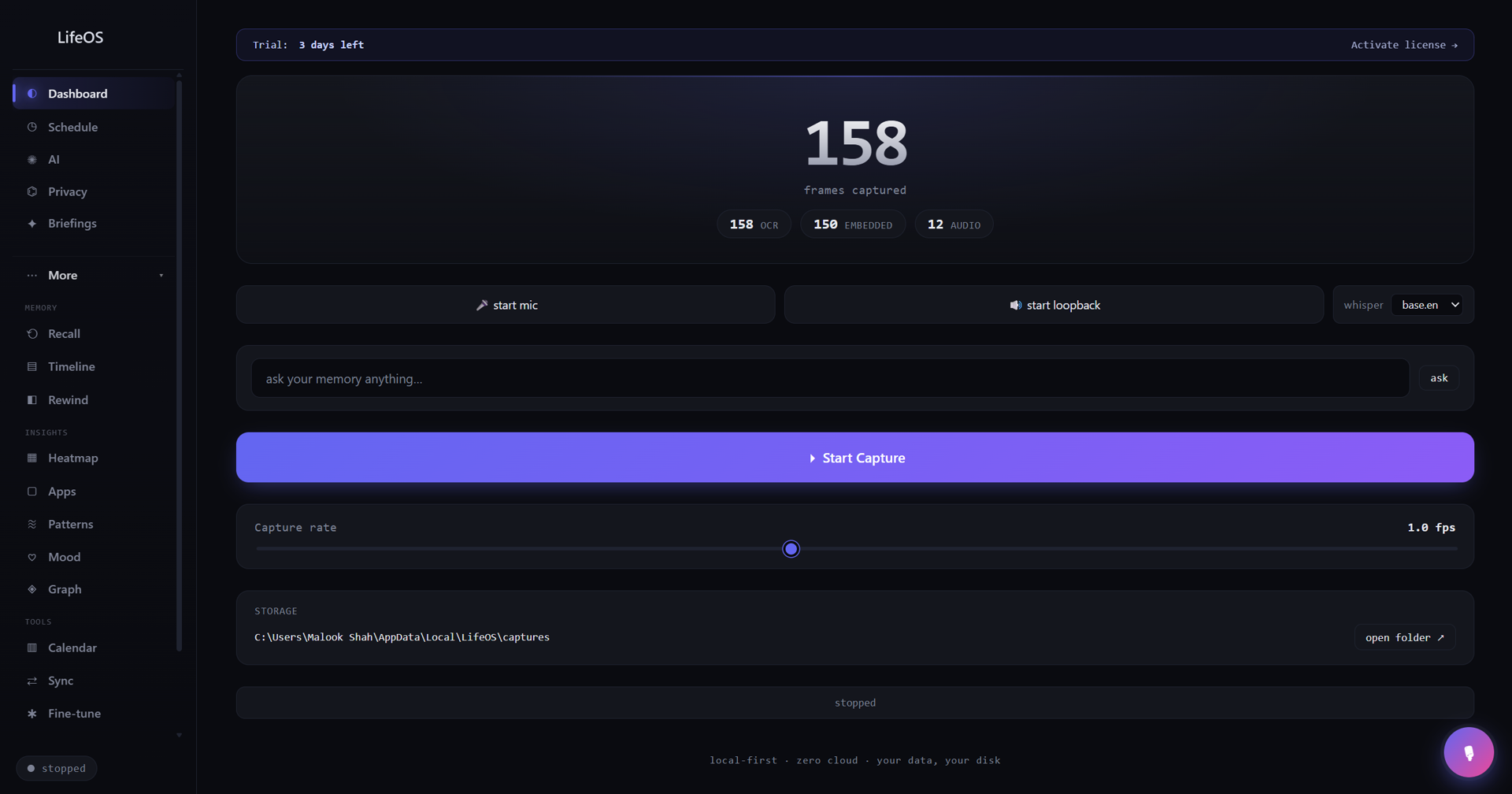 LifeOS main memory view showing live indexing