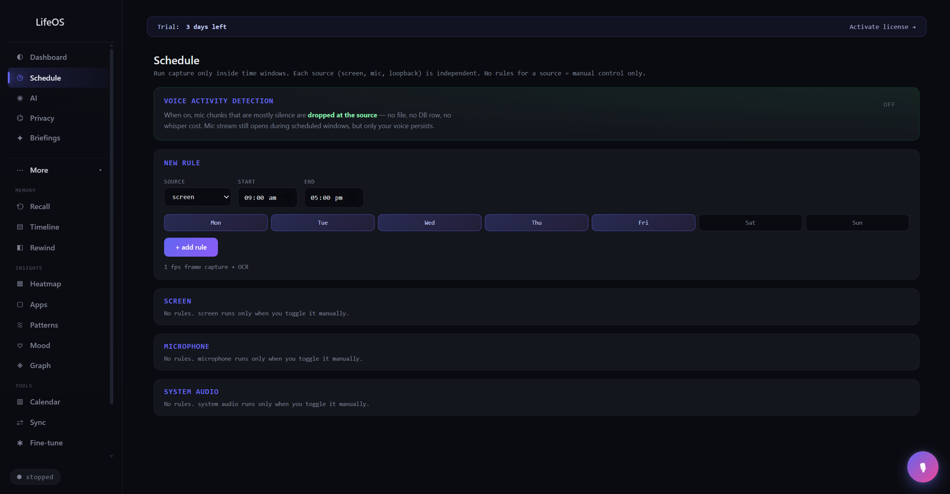 LifeOS Ask interface — question and answer over indexed snippets