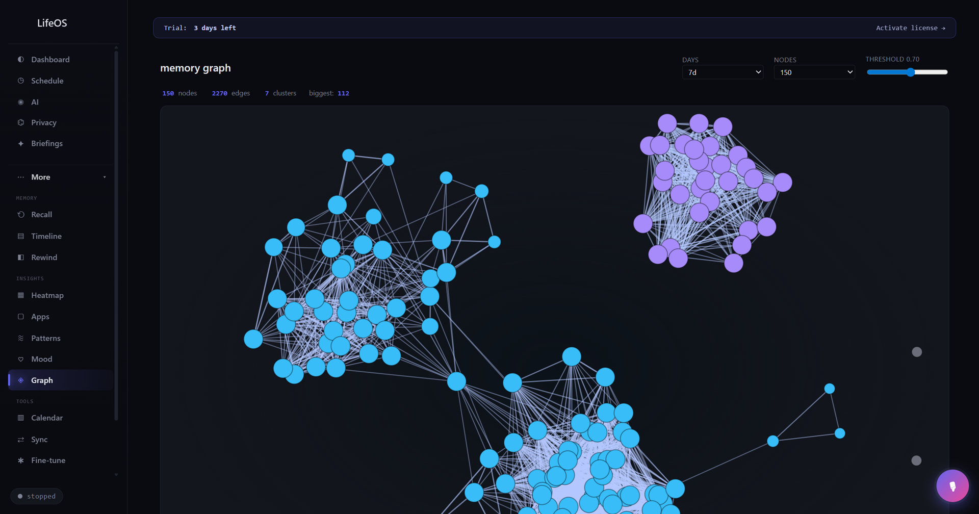 LifeOS Settings → Network log showing privacy verification